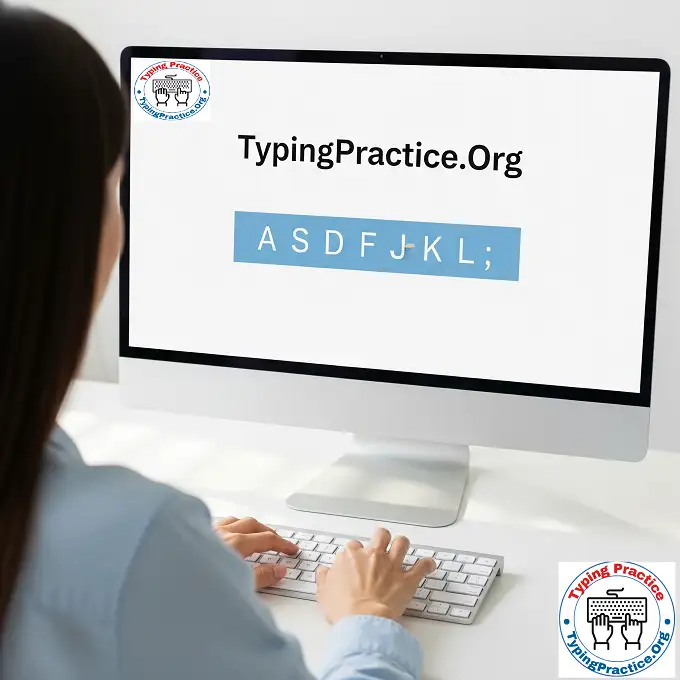 A woman practicing her home row typing lesson on a computer screen that shows the TypingPractice.Org logo and the letters A S D F J K L ; highlighted.