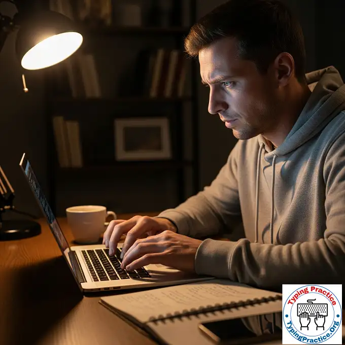 A man is typing on the keyboard and trying to accurately use of Shift Key.
