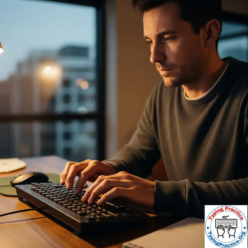 A focused man typing on a keyboard, illuminated by the glow of a computer monitor, to illustrate a blog post about a full alphabet typing task
