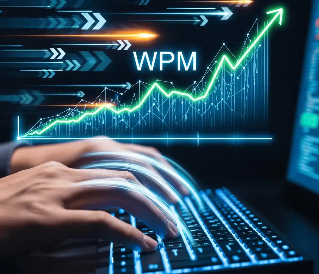 A person's hands typing quickly on a backlit keyboard, with motion blur indicating high speed. In the background, a glowing green line graph labeled 'WPM' shows a sharp upward trend, symbolizing a rapid increase in typing speed, while glowing arrows reinforce the theme of progress and motivation.