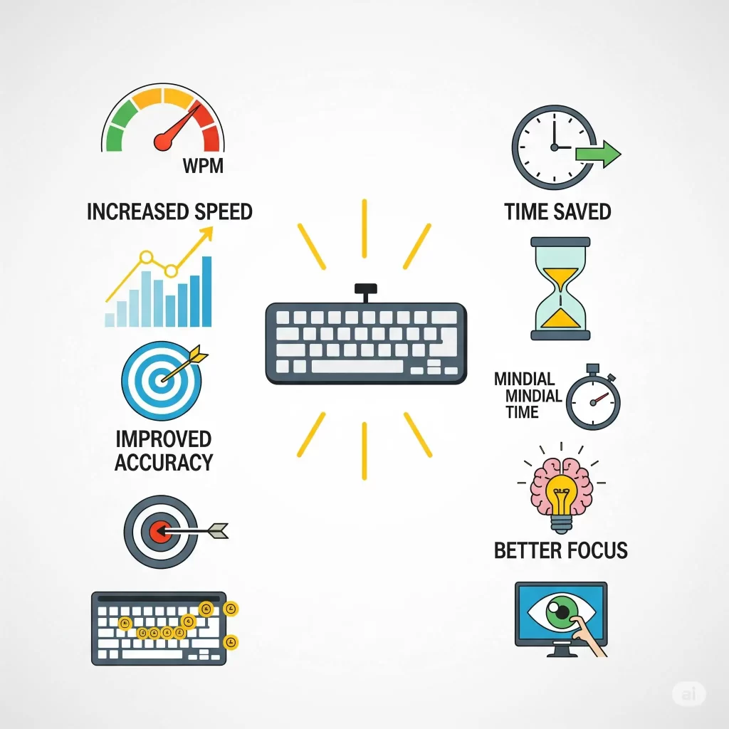 A motivational infographic showing the four main benefits of touch typing: a rising graph for speed, a target for accuracy, a clock for time saved, and a brain with a lightbulb for increased focus.