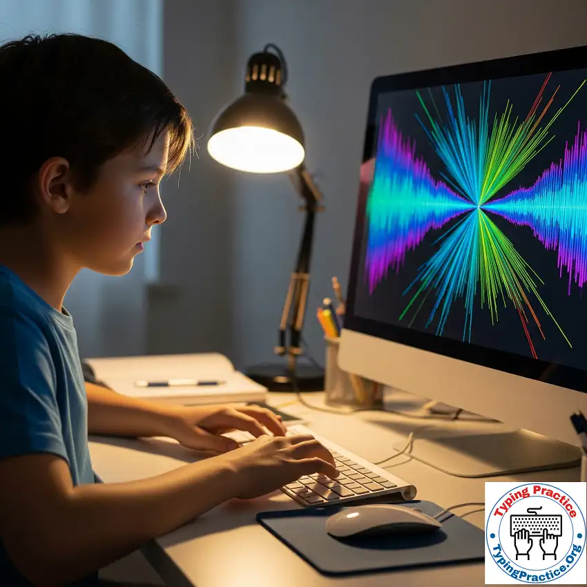 A boy typing on a computer keyboard with sound waves displayed on the screen, illustrating typing accuracy and rhythm practice.