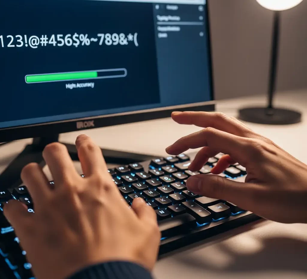 A motivational image of a person's hands typing confidently, with a glowing arrow graphic rising above them, symbolizing that their potential for speed is in their own hands.