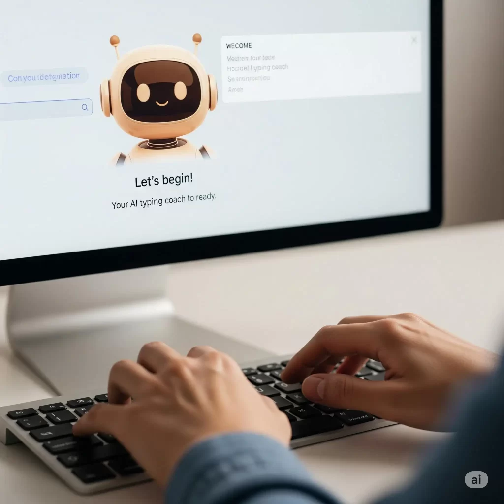An illustration of a user starting an interactive typing test on a computer screen, which features a friendly AI robot coach.