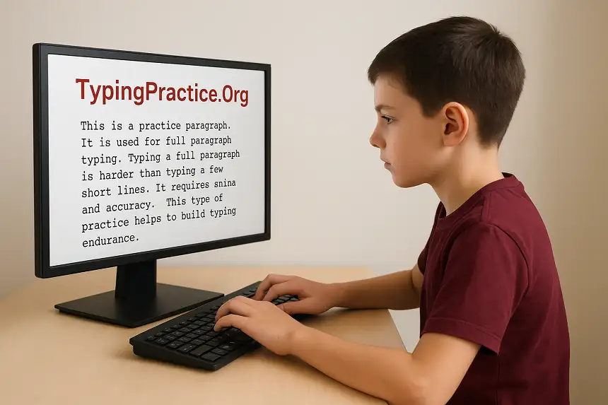 A typing learner practicing full paragraph typing on a computer screen