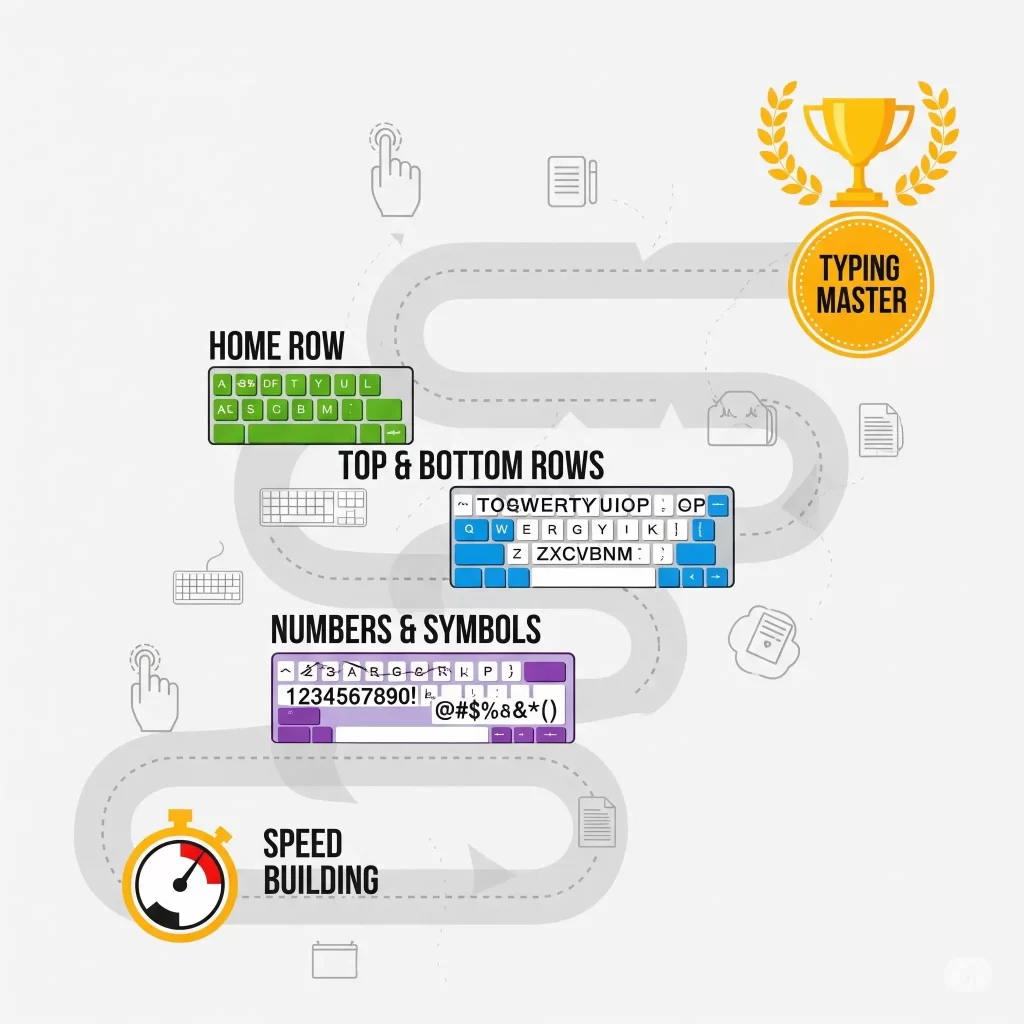 An infographic showing a winding path with milestones for learning to type: Home Row, Top & Bottom Rows, Numbers & Symbols, and Speed Building.