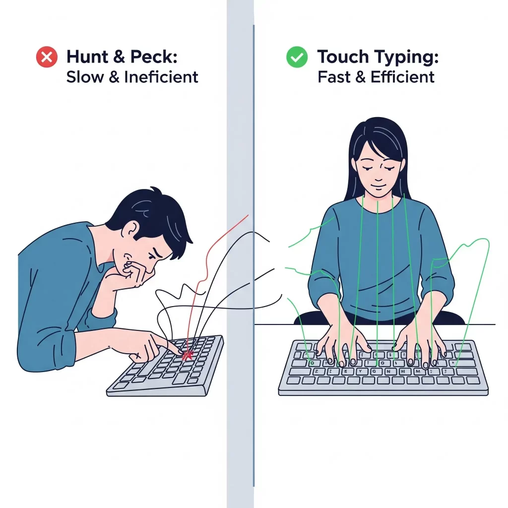 A split-screen illustration contrasting the inefficient 'Hunt & Peck' typing method with the fast and efficient 'Touch Typing' method
