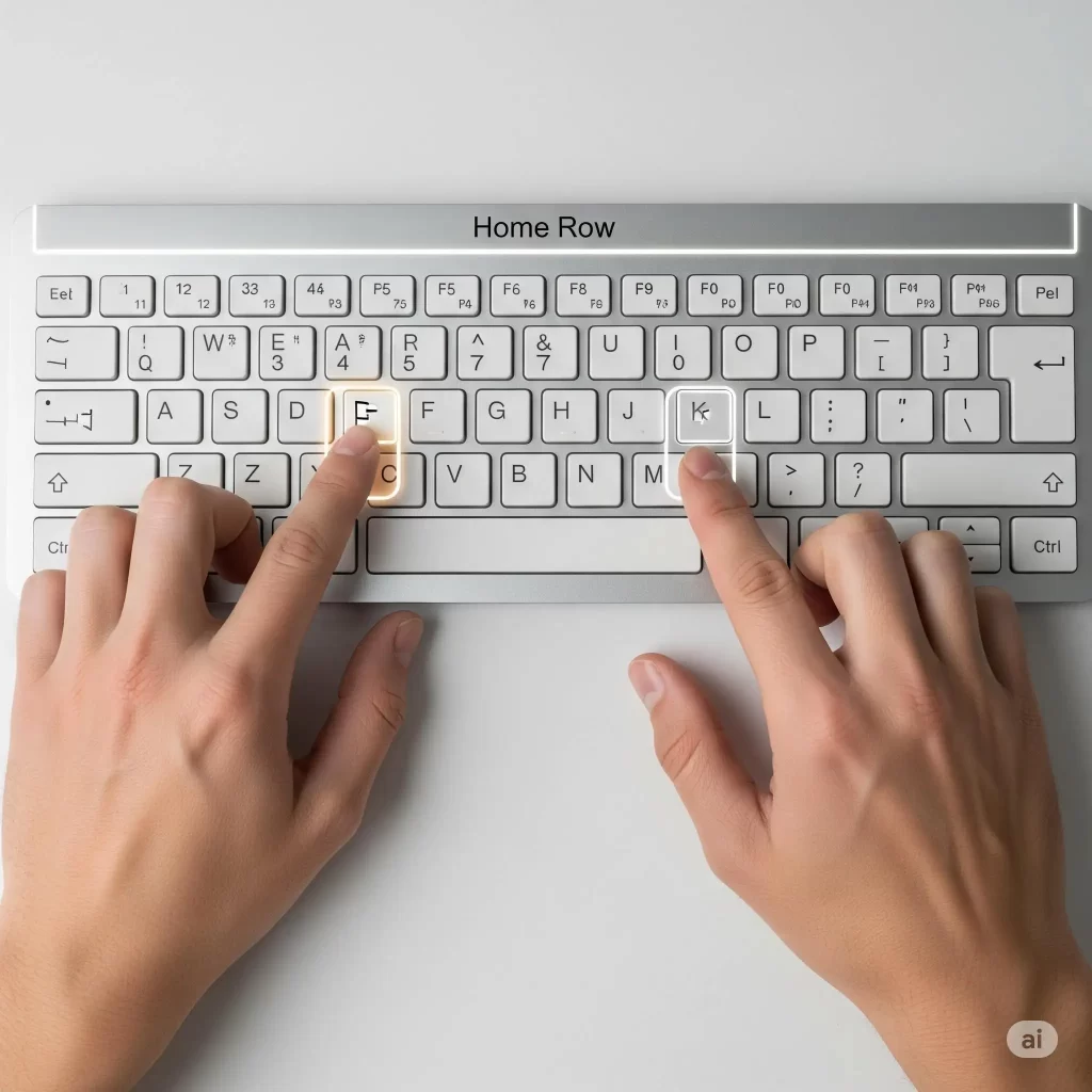 A clean, top-down view of a keyboard with hands in the correct home row position. The 'F' and 'J' keys are highlighted to show the anchor bumps for finger placement.