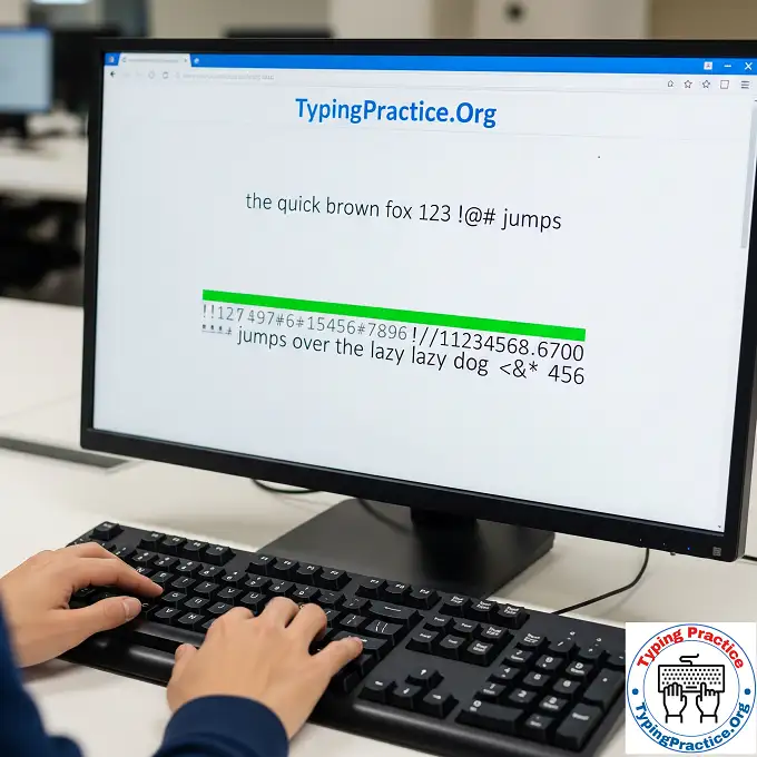 A person typing on a keyboard with a monitor showing an alphanumeric typing exercise on TypingPractice.Org.