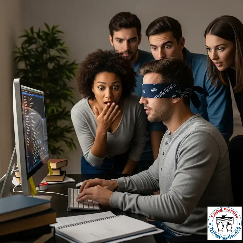 Man practicing touch typing blindfolded, demonstrating advanced typing skills