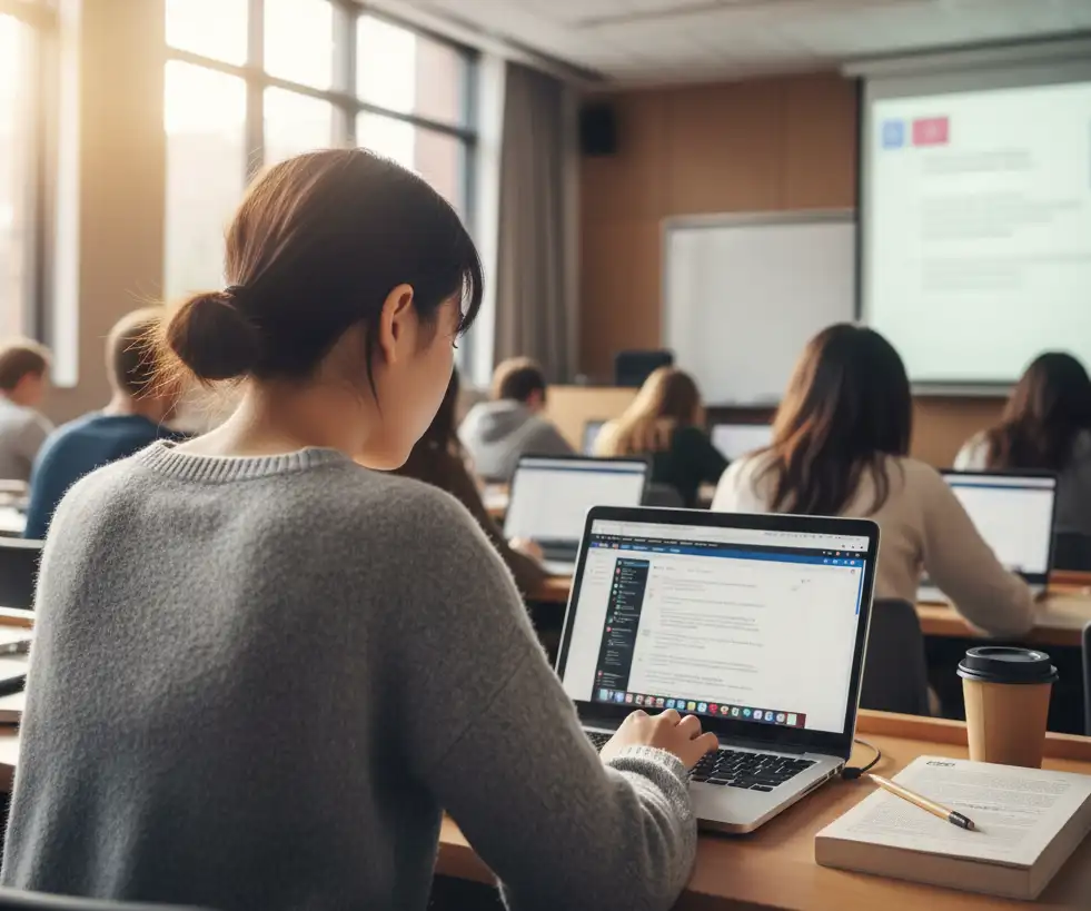 a lady student typing in the classroom in the course of bengali typing