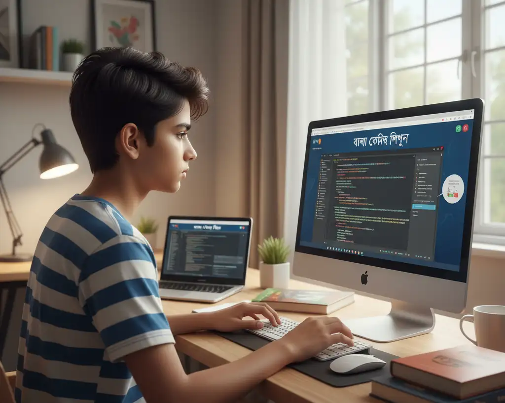 a bengali boy is typing on the computer