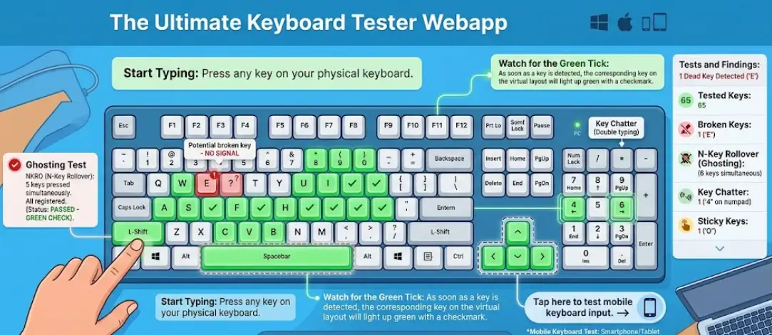A virtual interface of a free online keyboard tester tool showing green checkmarks for functioning keys to help users diagnose hardware issues.