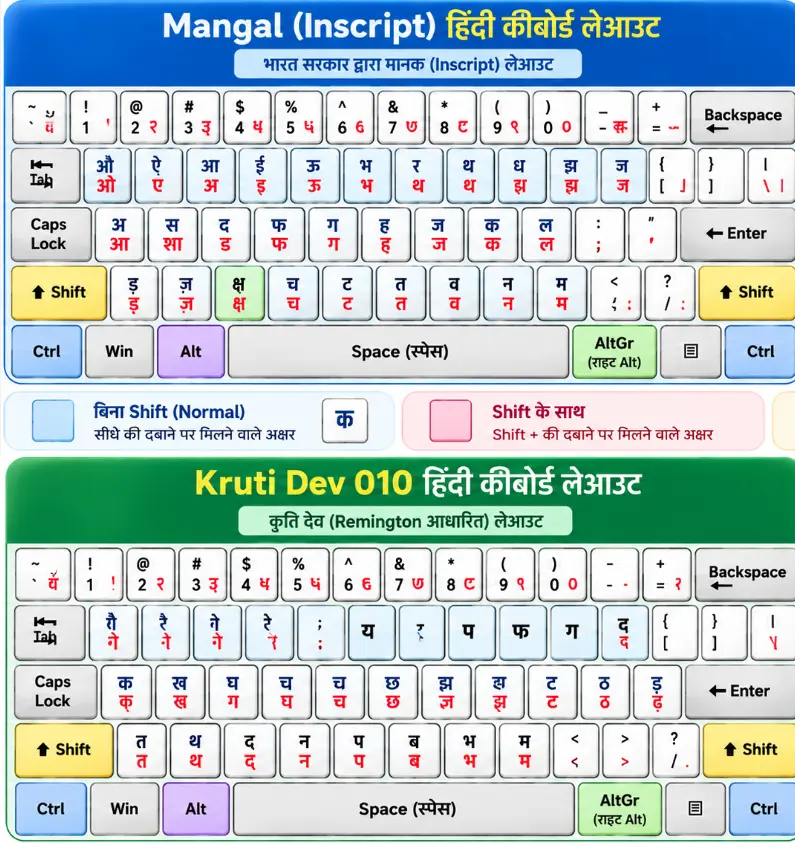 Mangal Inscript और Kruti Dev Hindi typing keyboard layout with Shift and special keys